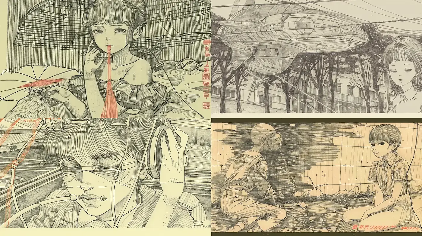 Intricate Vintage Illustration with a Futuristic Twist and Nostalgic Vibe - Midjourney sref style