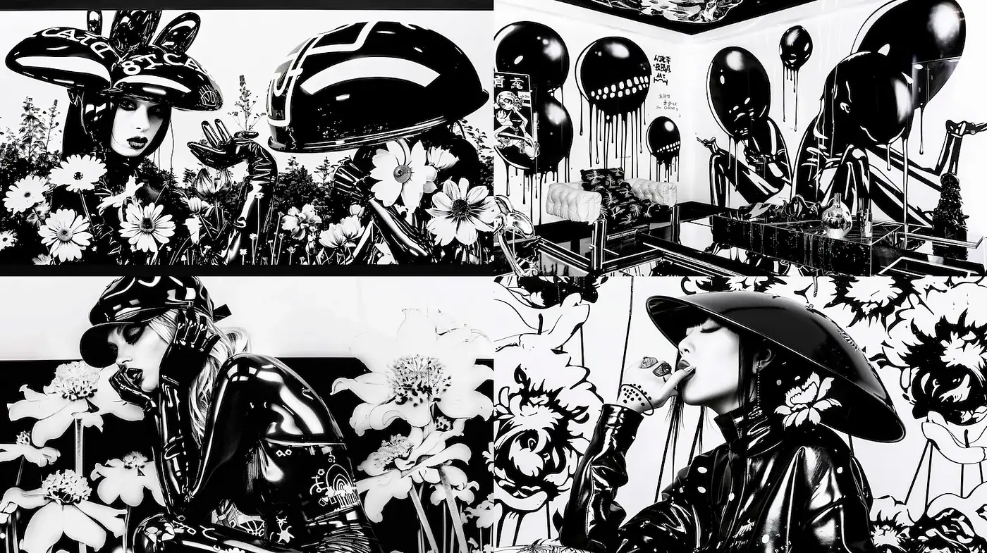 Futuristic Surrealism with Monochrome Floral Accents - Midjourney sref style