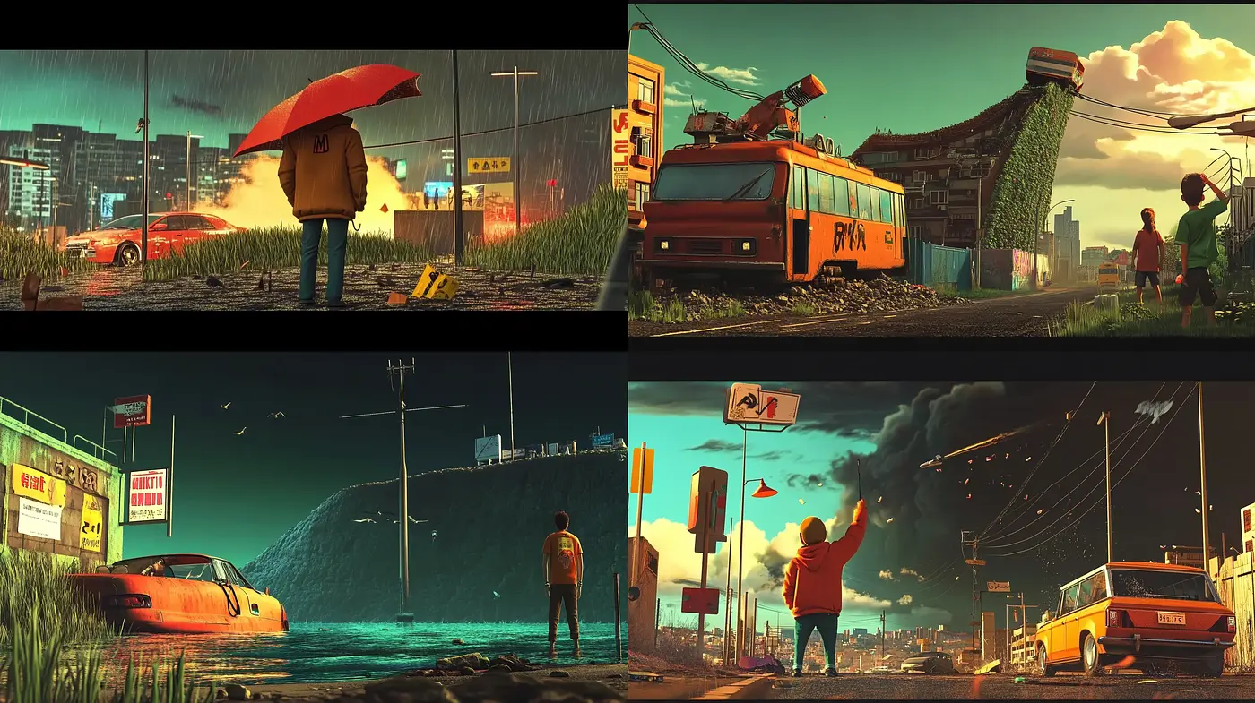 Melancholic Dystopian Vistas: A Fusion of Retrofuturism and Cinematic Neon Noir - Midjourney sref style