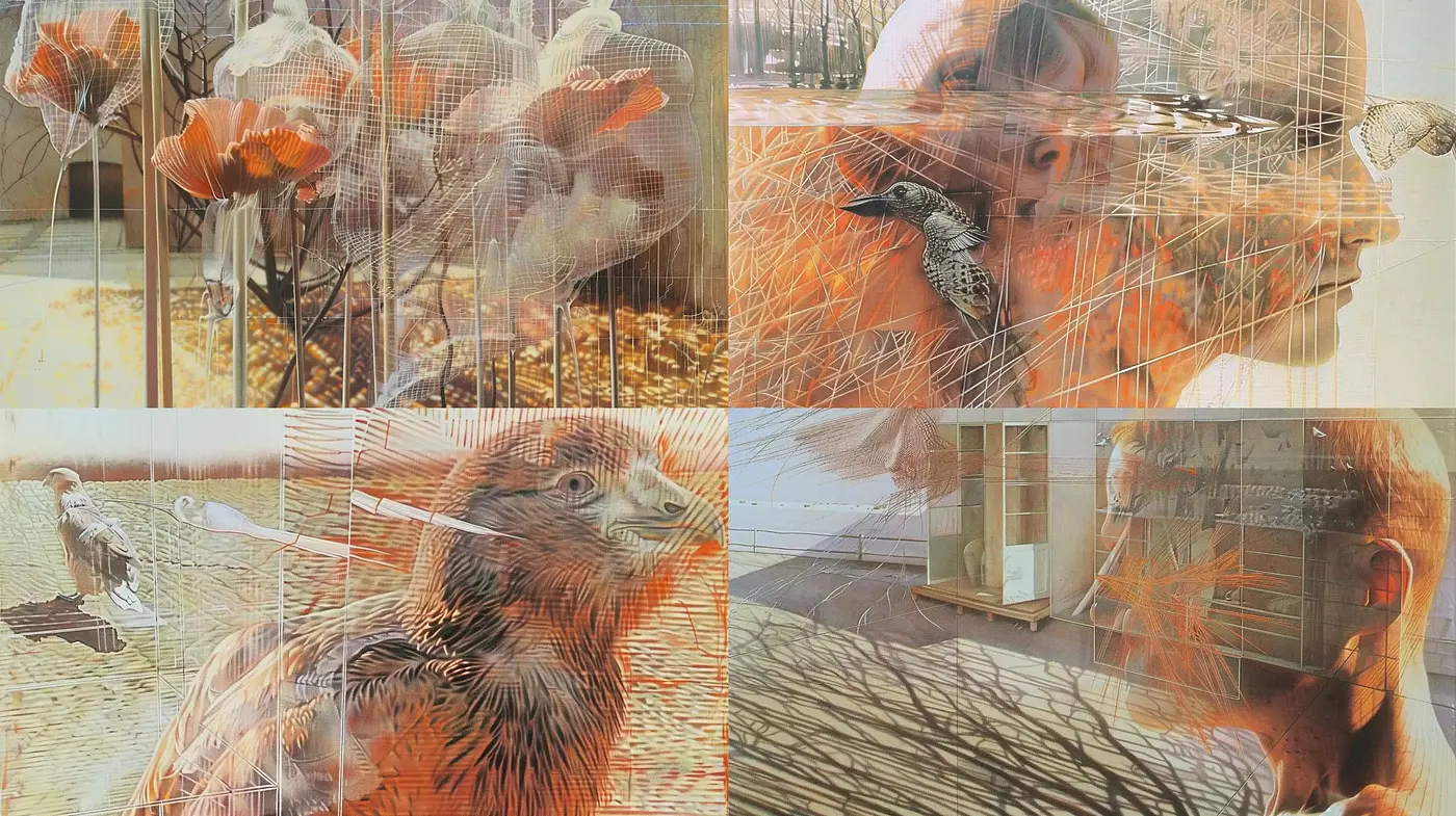 Abstract Wildlife and Human Overlay in Earthy Tones - Midjourney sref style