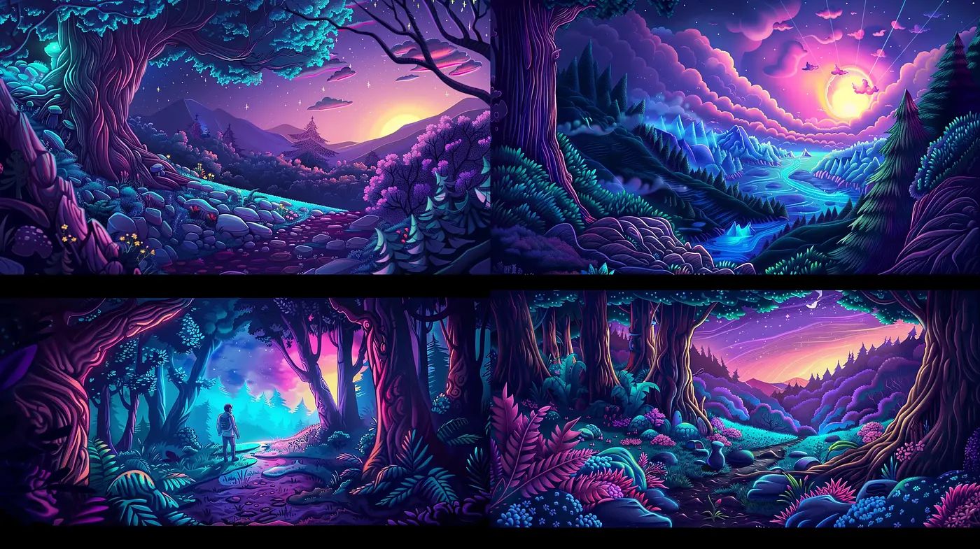 Ethereal Twilight in Surreal Landscapes: A Dream-Like Neon Tapestry - Midjourney sref style