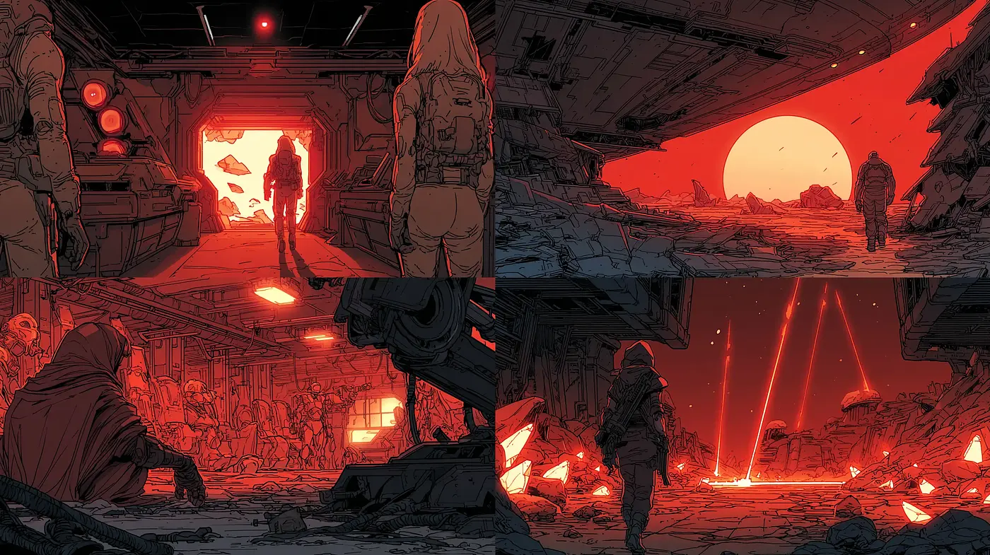Dynamic Red-Hued Sci-Fi Landscape with Comic Influences - Midjourney sref style
