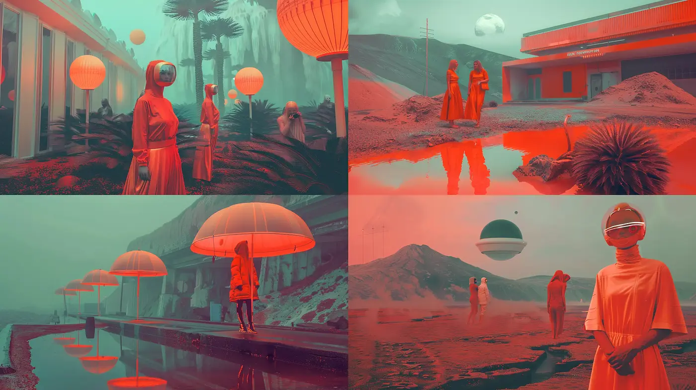Surreal Terraform Dreamscape in Monochromatic Vermilion - Midjourney sref style