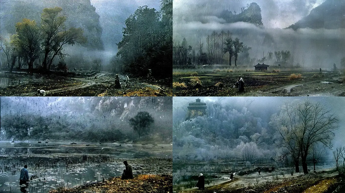 Misty Ethereal Landscapes with Monochromatic Tones and Textured Brushwork - Midjourney sref style