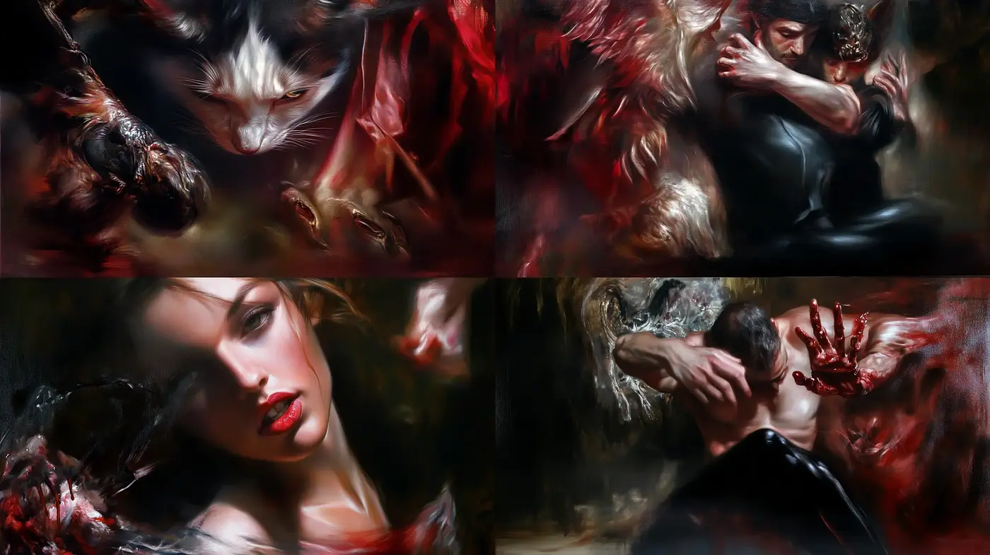 Dynamic Brushwork and Evocative Contrasts in Digital Artistry - Midjourney sref style