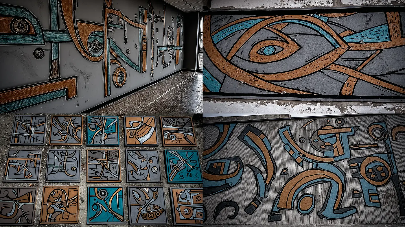 Abstract geometric art with muted tones and textured surfaces - Midjourney sref style