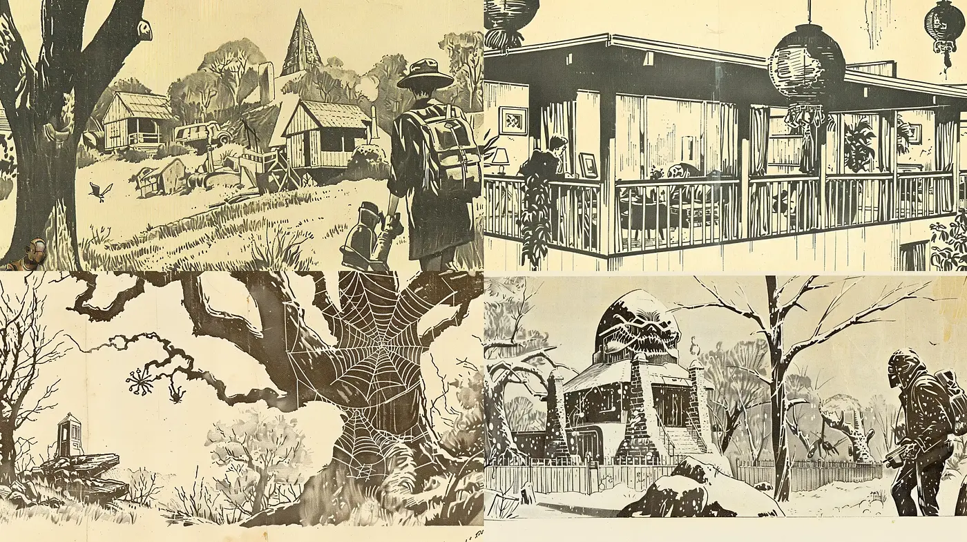 Sepia-toned Nostalgic Vistas with Intricate Line Art - Midjourney sref style