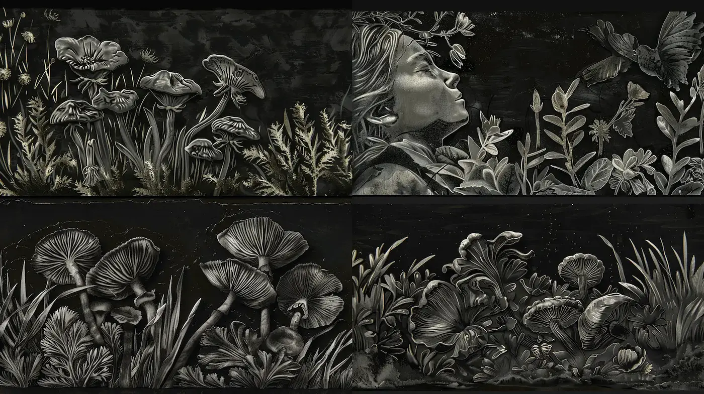 Exploration of Nature Through Monochrome Textured Surrealism - Midjourney sref style