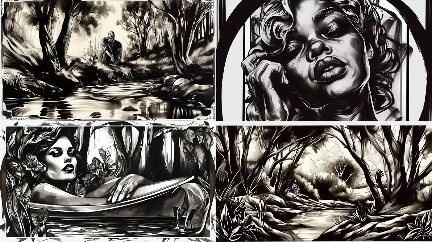 Monochromatic Essence of Noir: Strokes of Shadowy Intrigue and Portraiture - Midjourney sref style
