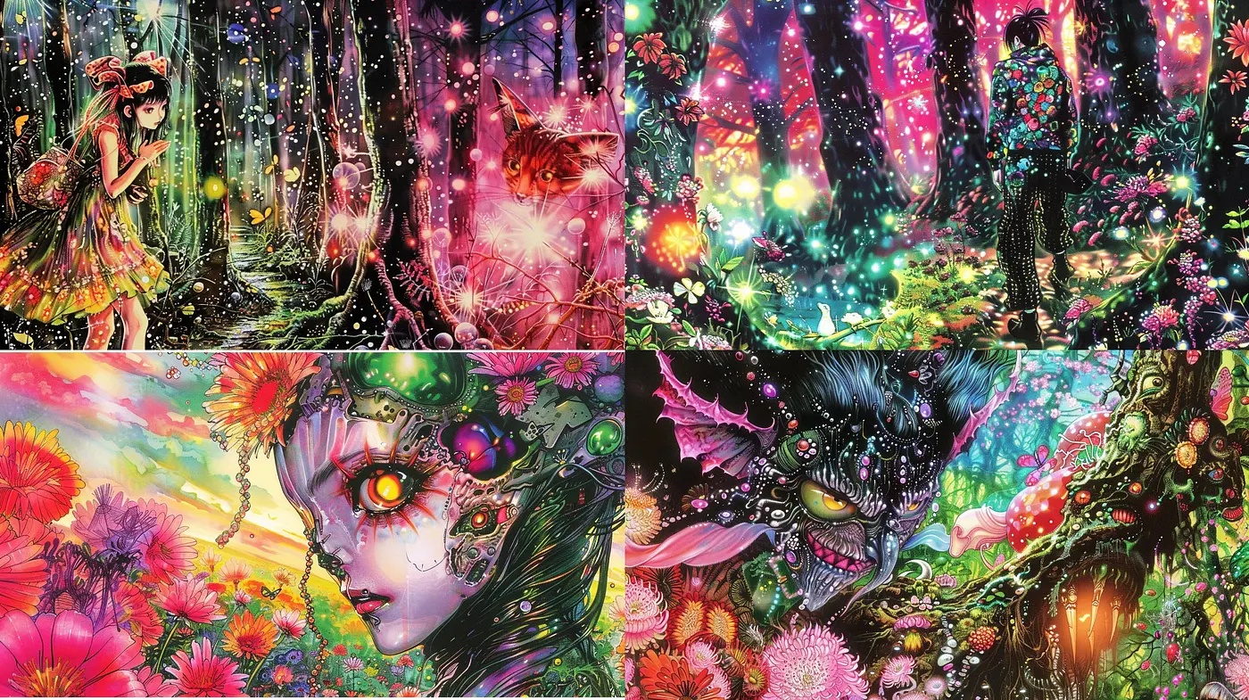 Kaleidoscopic Phantasmagoria: A Symphony of Psychedelic Naturalism - Midjourney sref style