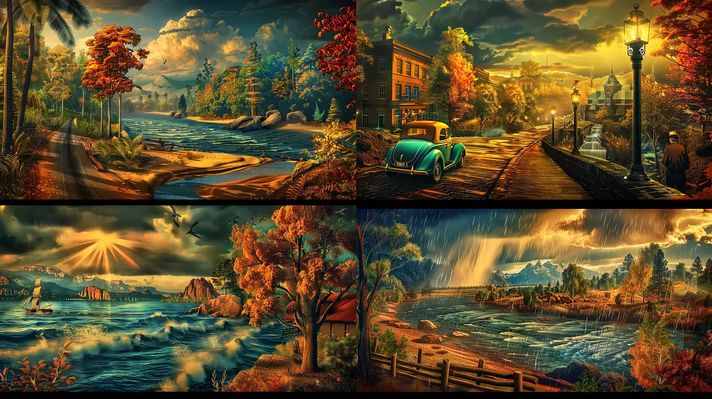 Autumnal Enchantment: A Harmonious Fusion of Golden Hues and Vivid Landscapes - Midjourney sref style