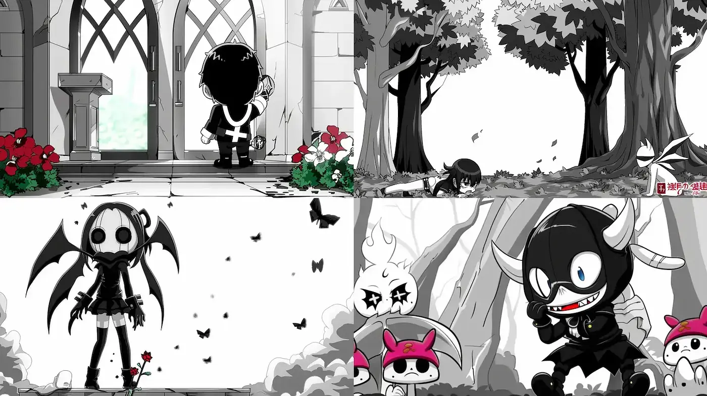 Monochromatic Gothic Whimsy with a Contemporary Cartoon Flair - Midjourney sref style