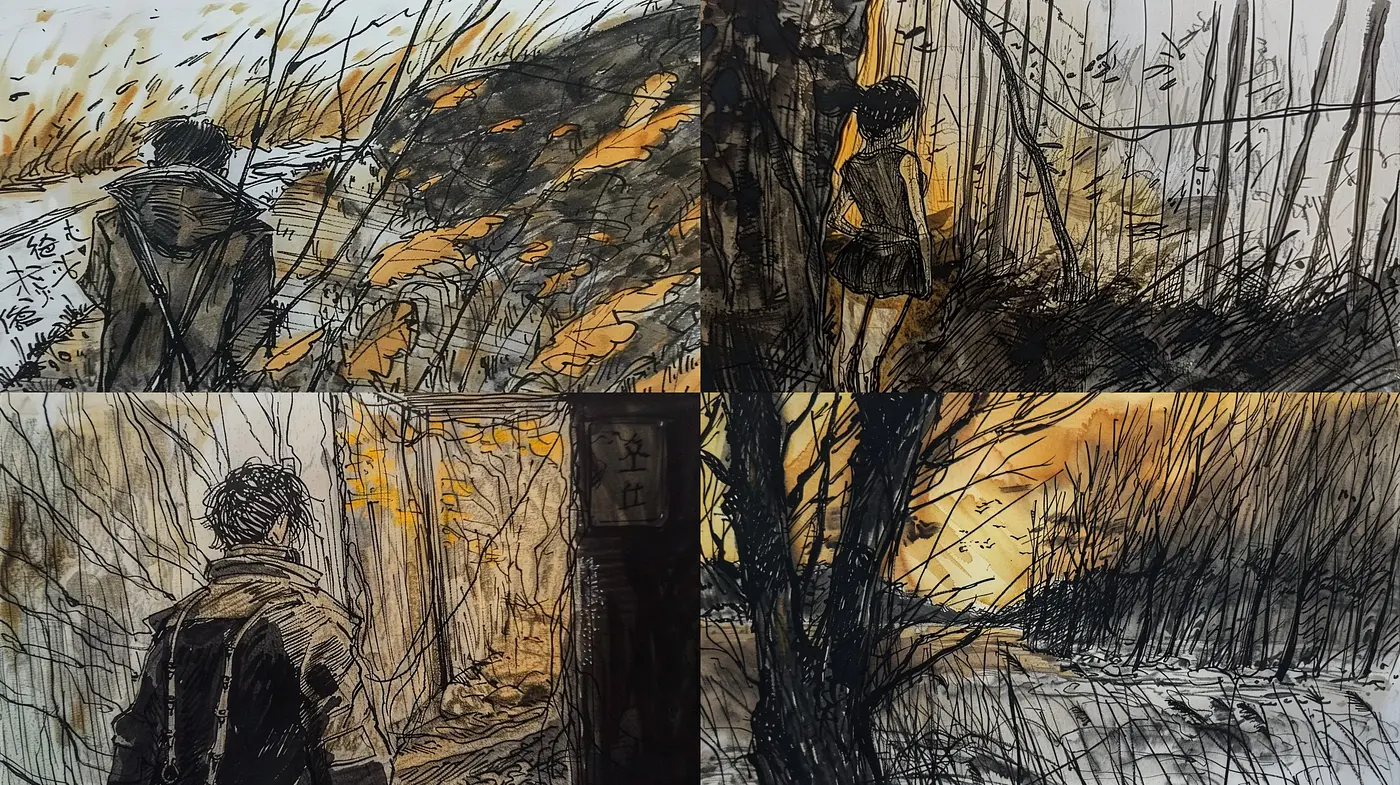 Windswept Noir: Evocative Sketches with a Whiff of Melancholy and Vintage Tones - Midjourney sref style