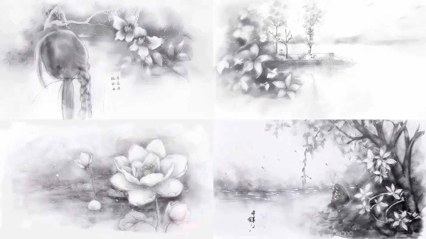 Ethereal Ink Wash Landscape with Nature Elements and Soft Textures - Midjourney sref style