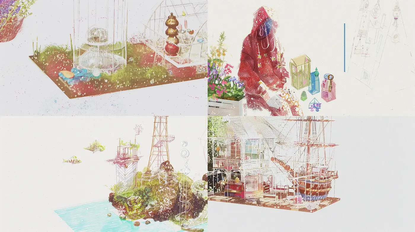 Ethereal Sketch-like Renderings with Pastel Tones and Surreal Composition - Midjourney sref style