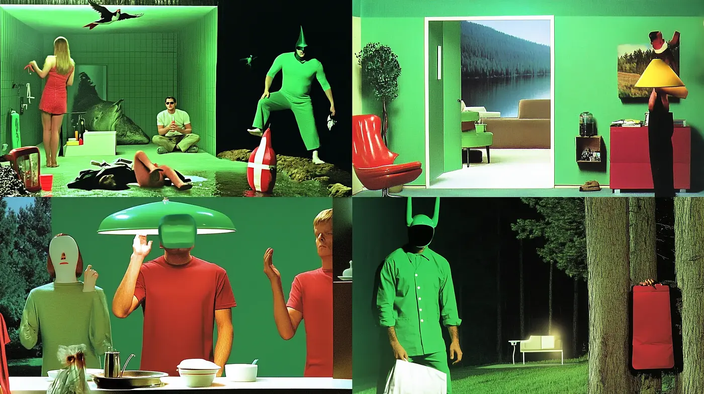 Surreal Green-Toned Vignettes with Contrasted Red Accents - Midjourney sref style