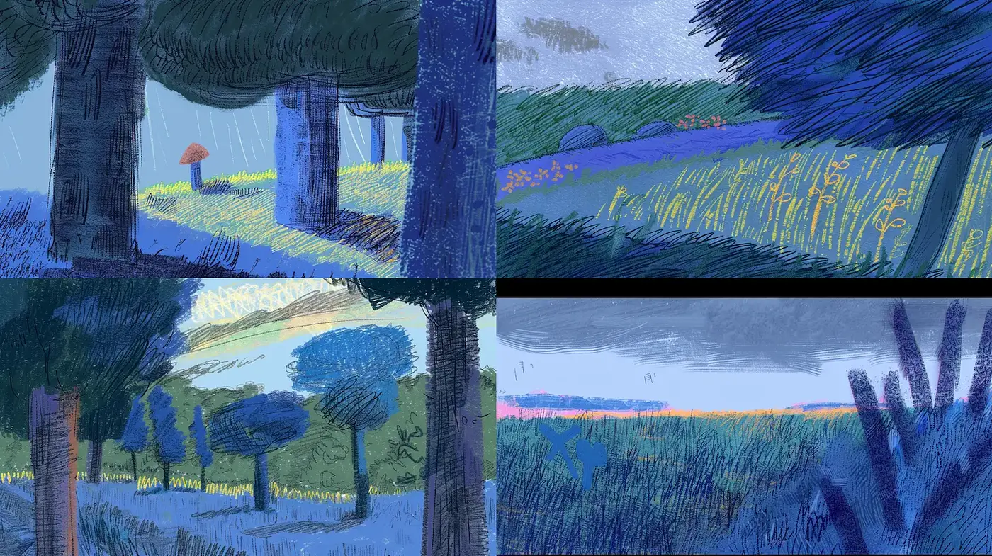 Serene Landscapes with Textural Diversity and a Playful Color Scheme - Midjourney sref style