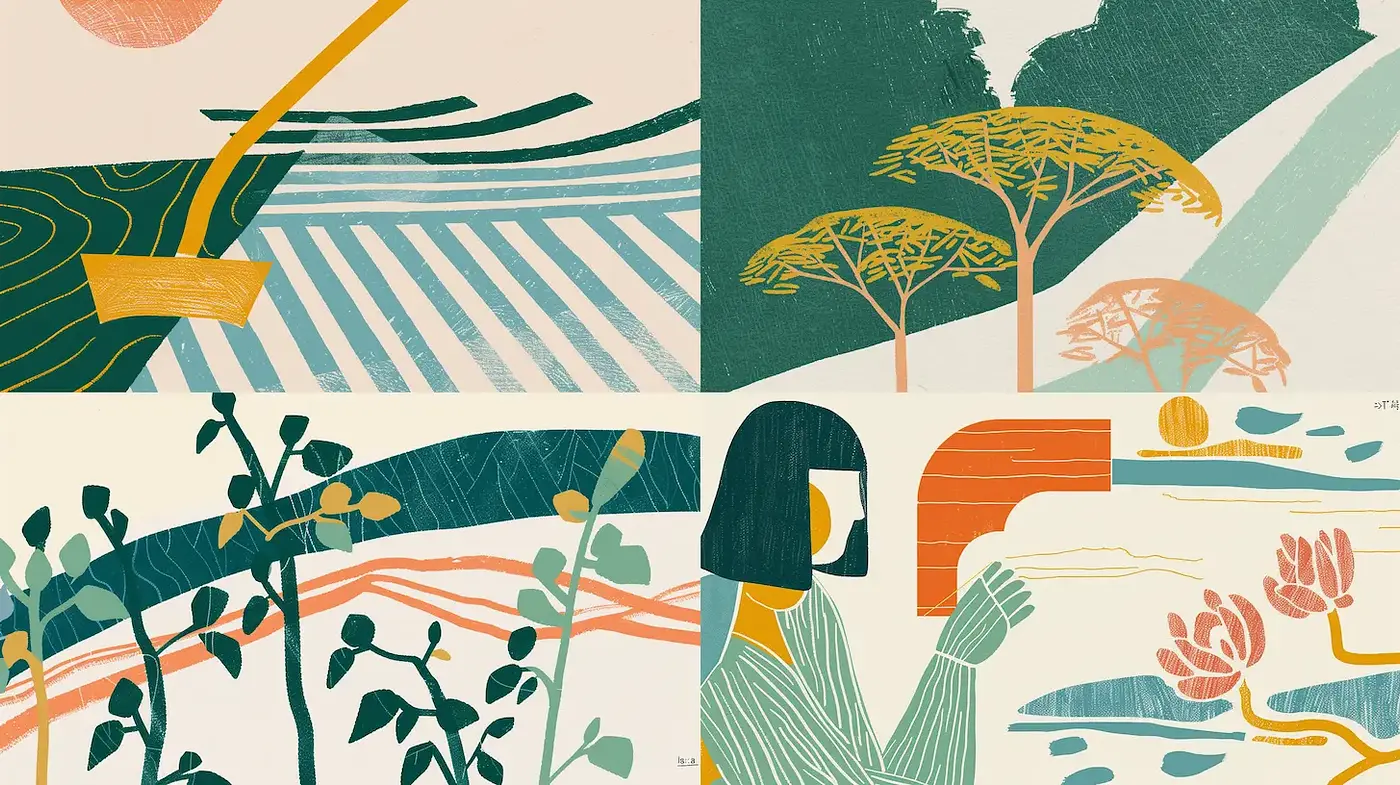 Contemporary minimalist illustrations with a nature-centric theme - Midjourney sref style
