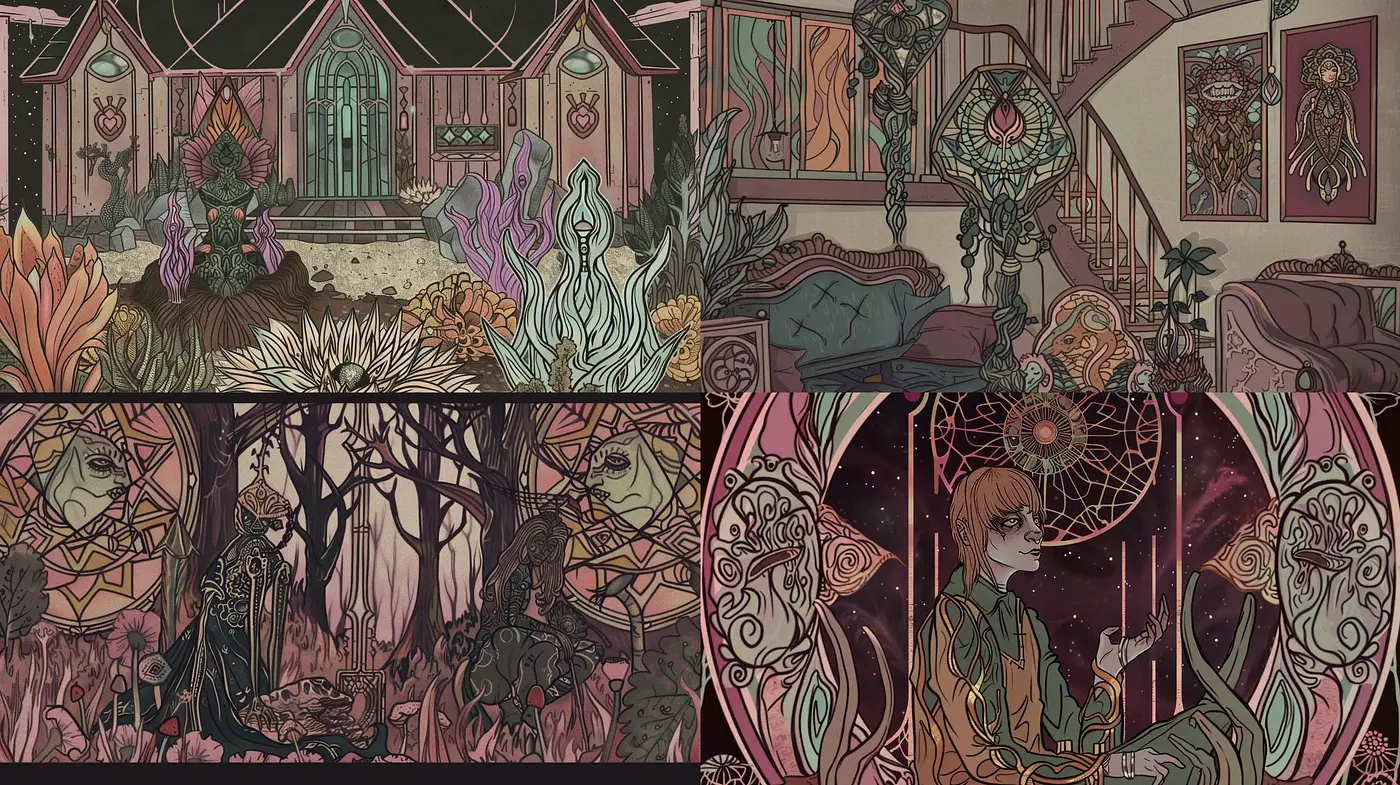 Enigmatic Art Nouveau Fusion with a Mystical Fantasy Ambiance - Midjourney sref style