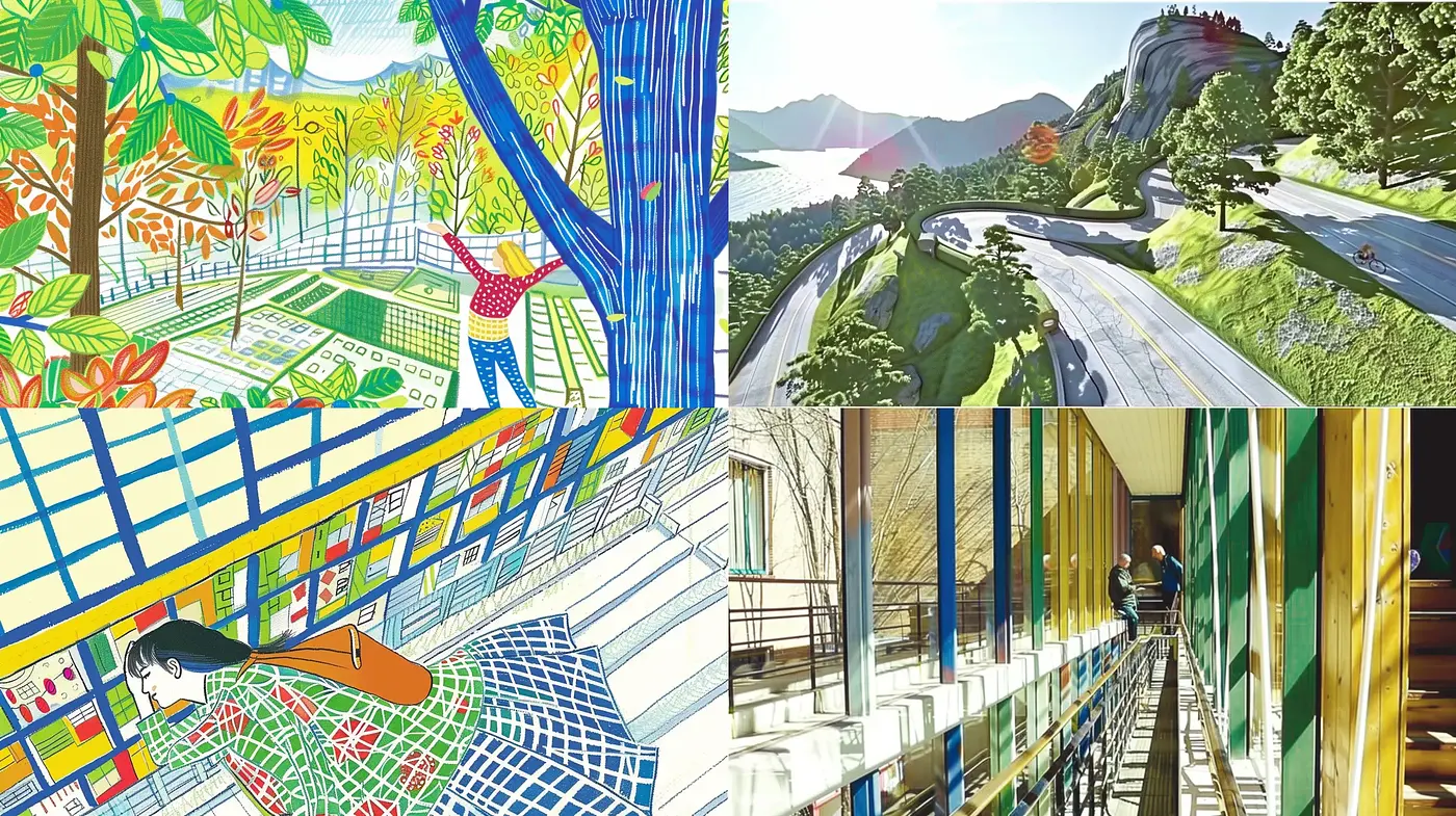 Vibrant Fusion of Modernity and Nature with a Graphic Illustrative Essence - Midjourney sref style