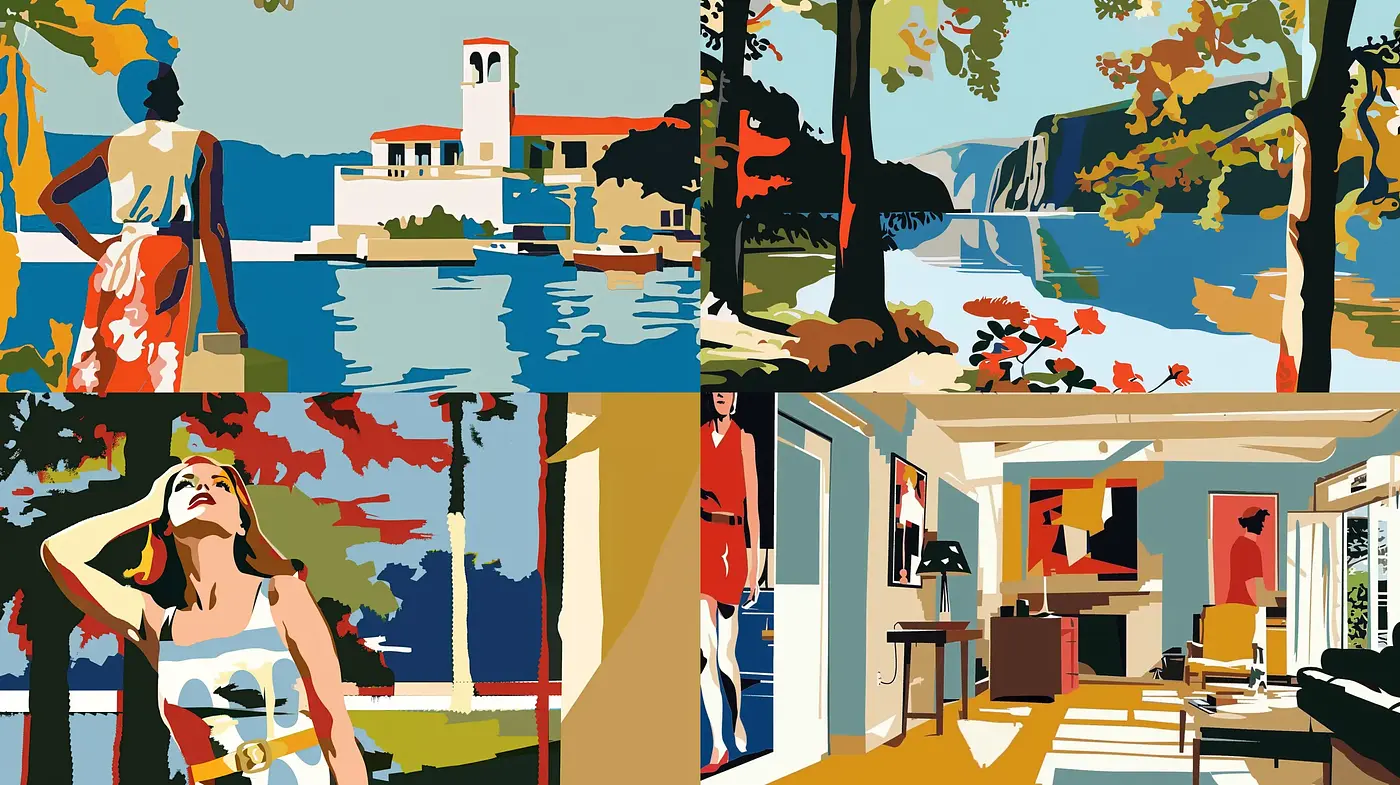 Synchronized Serenity in Stylized Scenic Vignettes - Midjourney sref style
