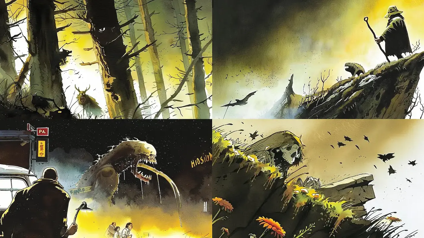 Dark, atmospheric illustrations with a surreal twist - Midjourney sref style