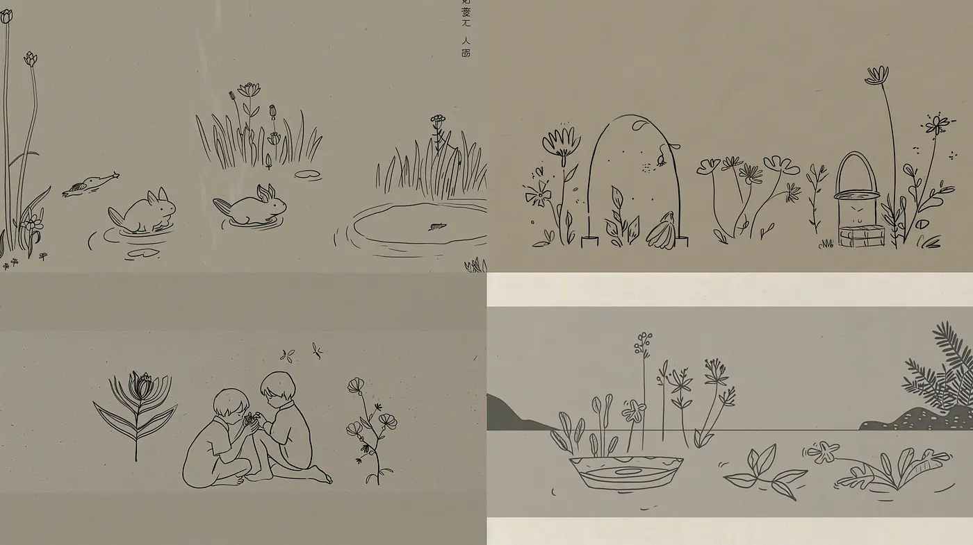 Monochromatic Whimsical Sketches Evoking a Serene and Simplistic World - Midjourney sref style