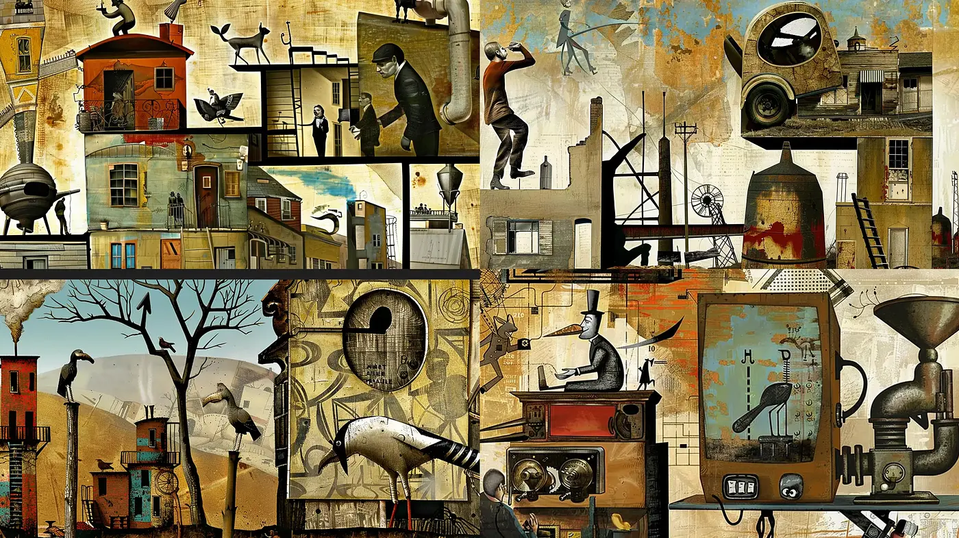 Surrealist Montage with Industrial and Bucolic Mixed Media Overtones - Midjourney sref style