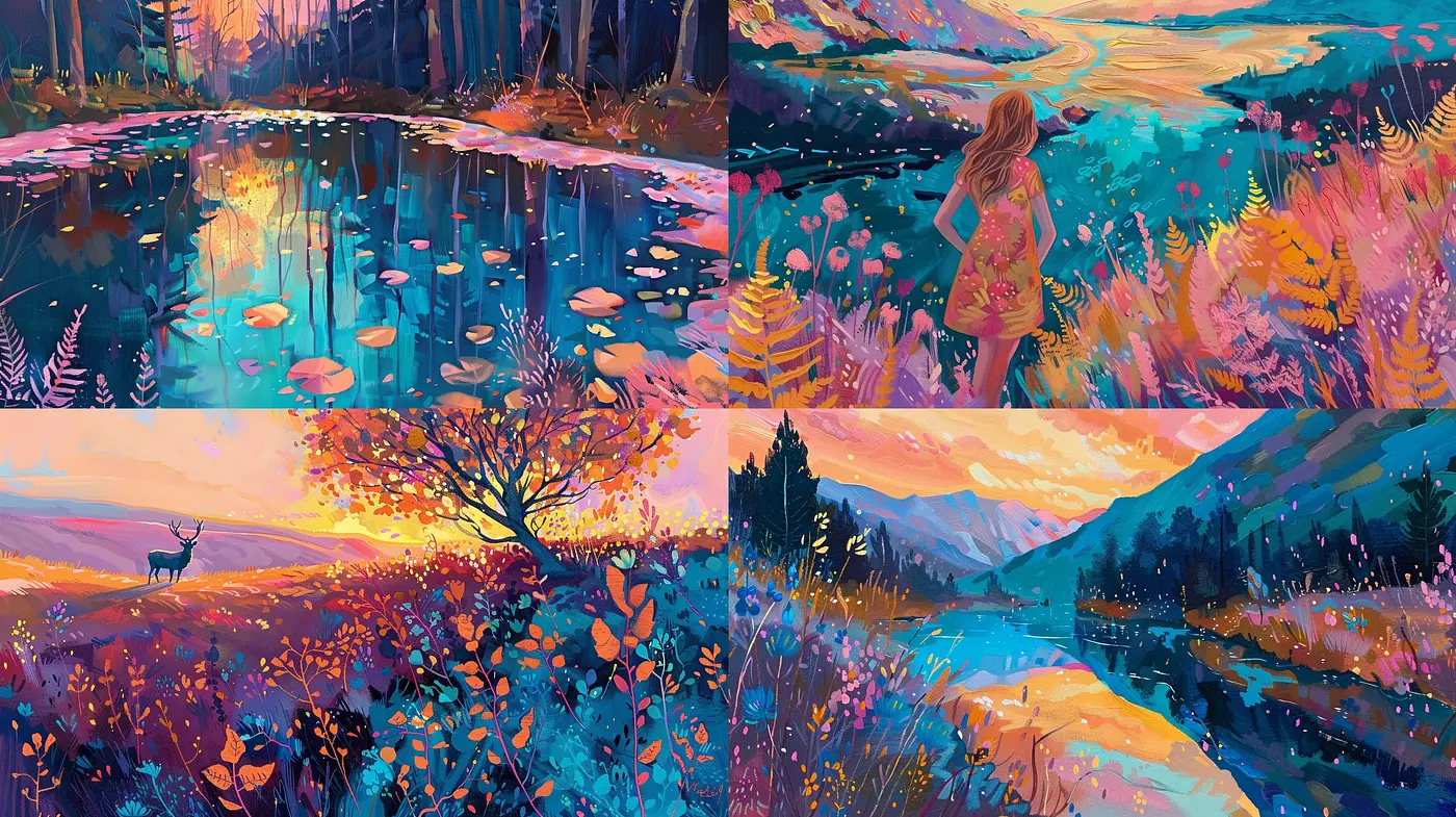 Ethereal Dawn Hues: A Medley of Vivid Landscapes Under Soft Light - Midjourney sref style