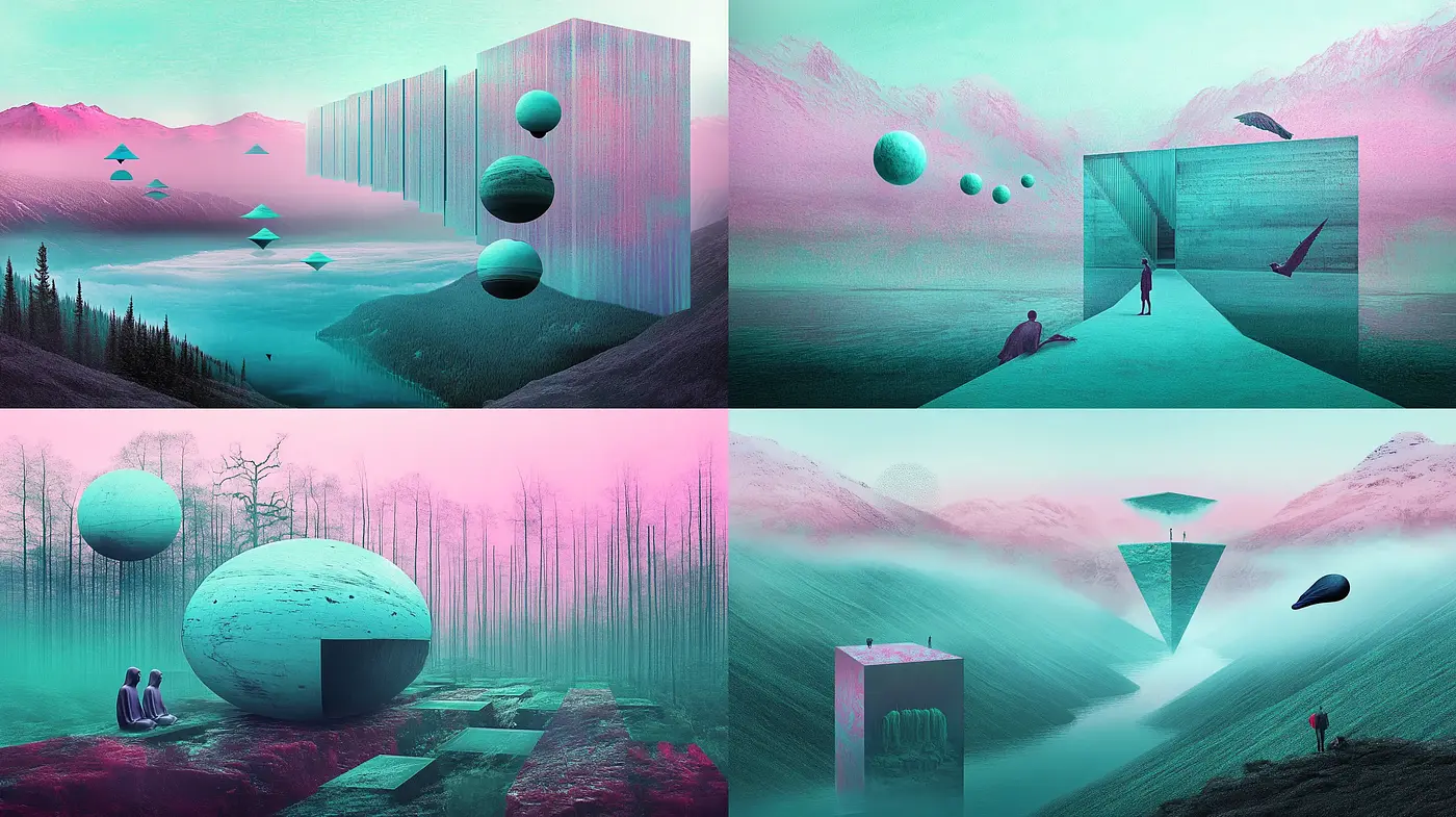 Ethereal Vistas in Surreal Cyan Dreamscape - Midjourney sref style