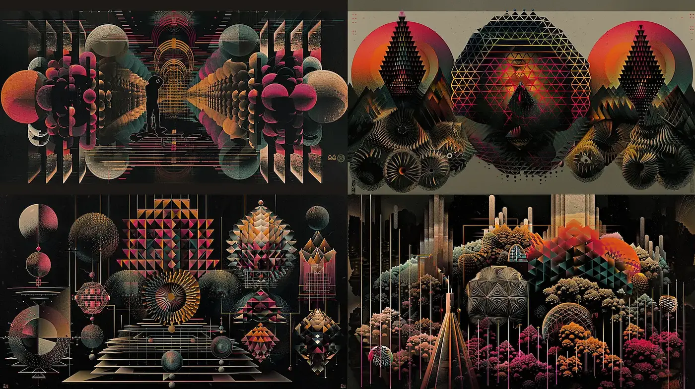 Futuristic Geometric Abstractions with Surreal Elements - Midjourney sref style