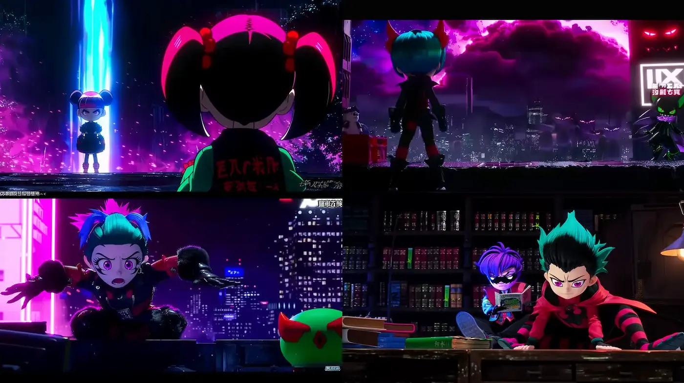 Vibrant Neon Cyberpunk Aesthetic with Playful Character Design - Midjourney sref style