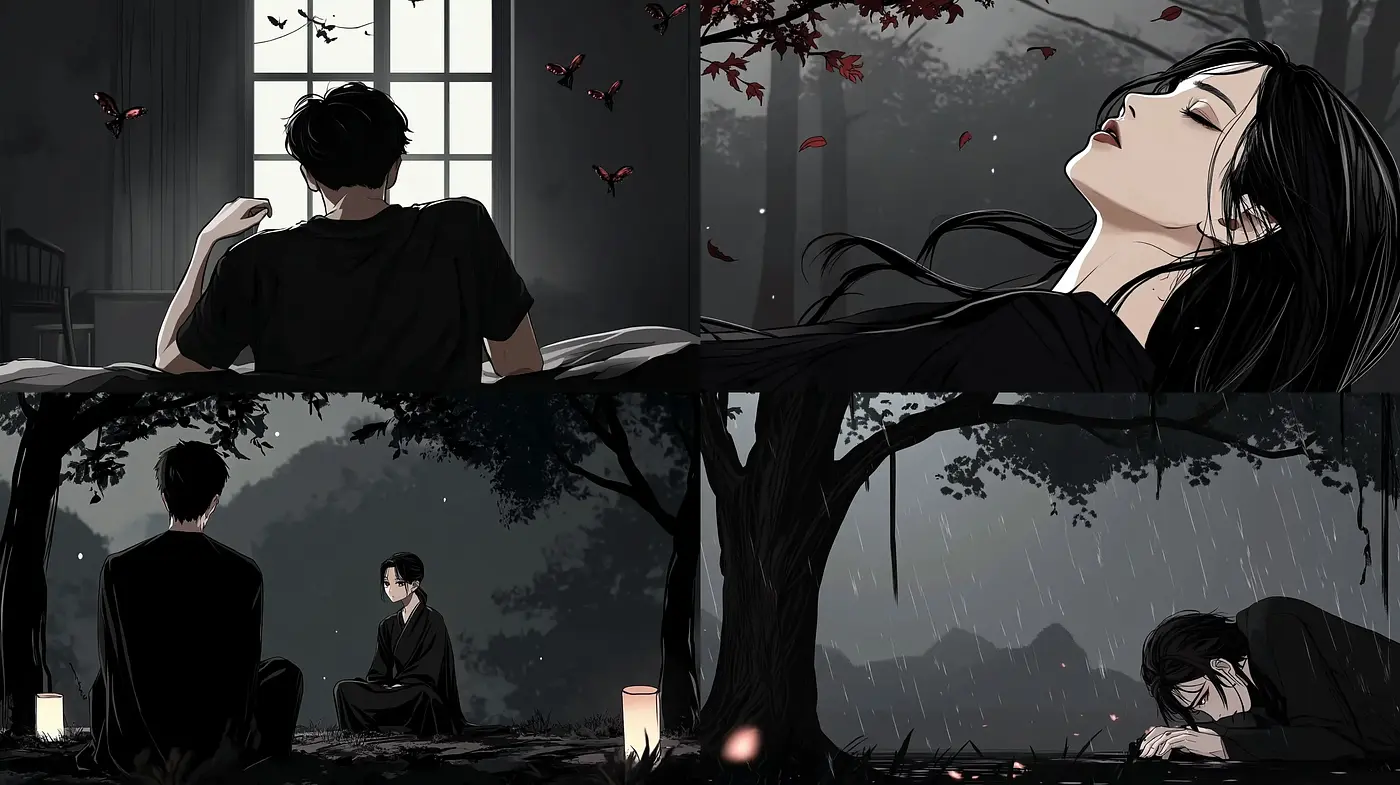 Monochromatic Elegance with a Hint of Crimson: A Dark Anime-Inspired Visual Symphony - Midjourney sref style