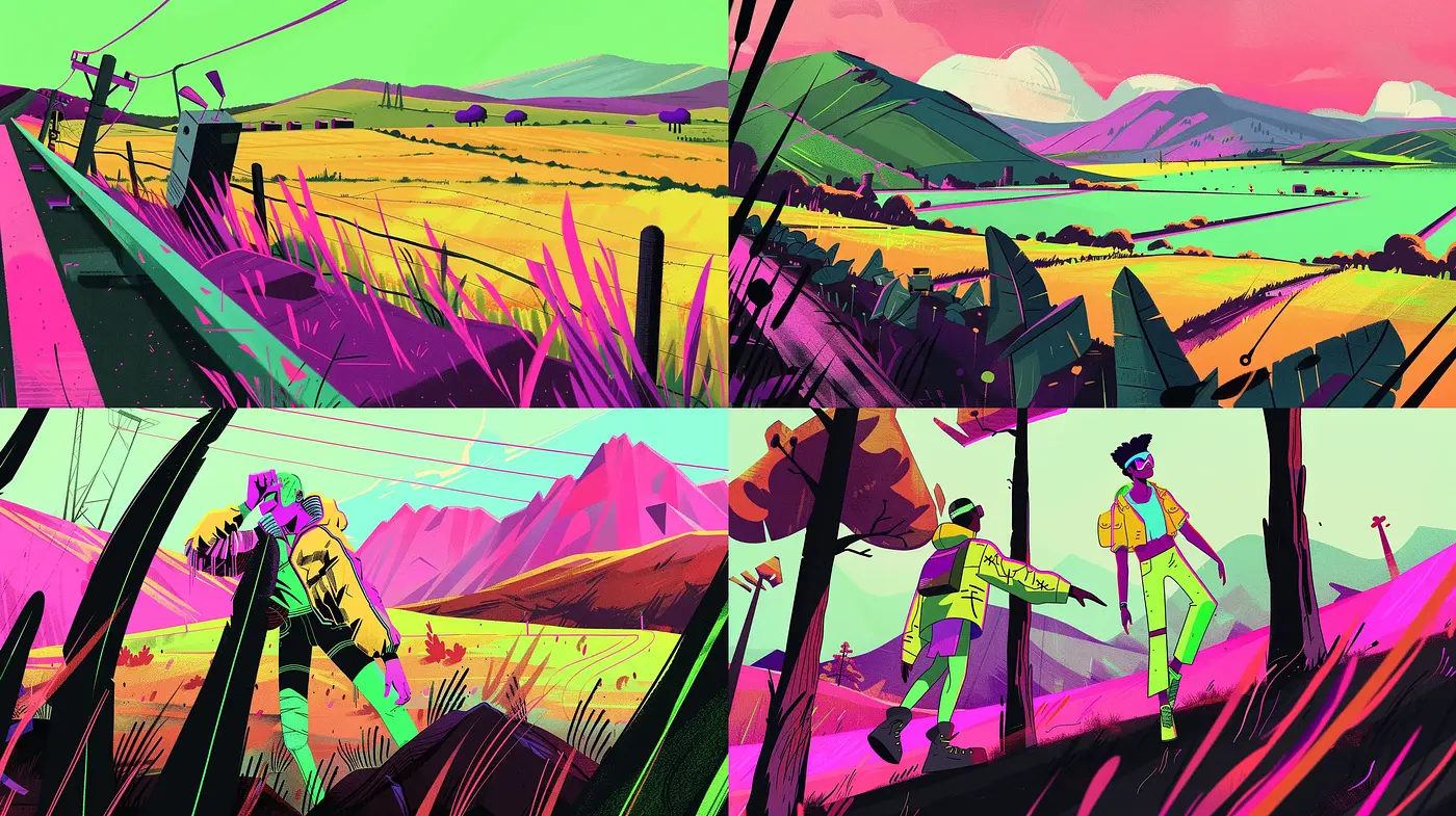 Vibrant Landscape Synthesis with Stylized Character Illustration - Midjourney sref style
