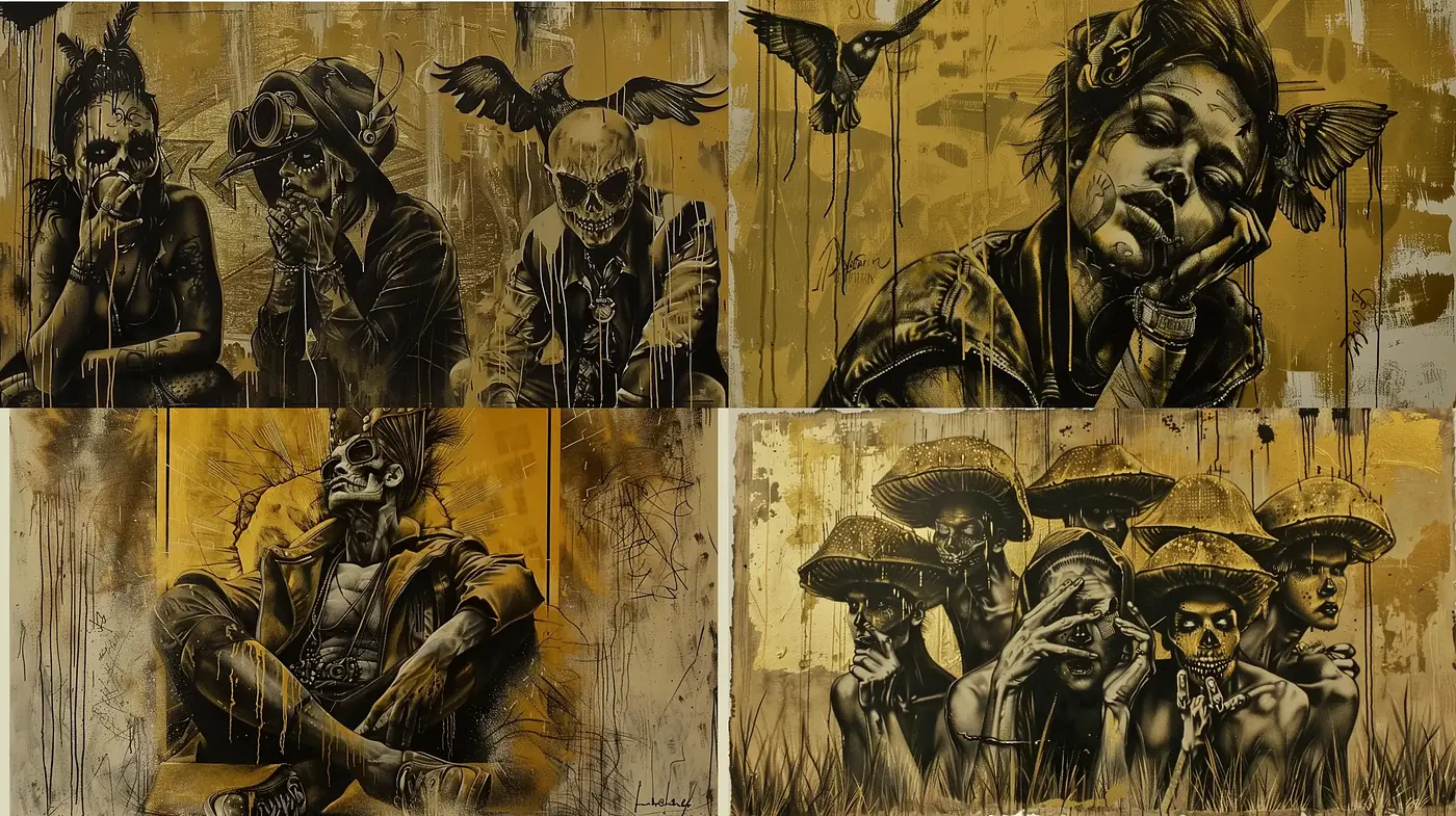 Gritty Urban Dystopia: Sepia-Toned Surrealistic Depiction of Post-Apocalyptic Vigilance - Midjourney sref style