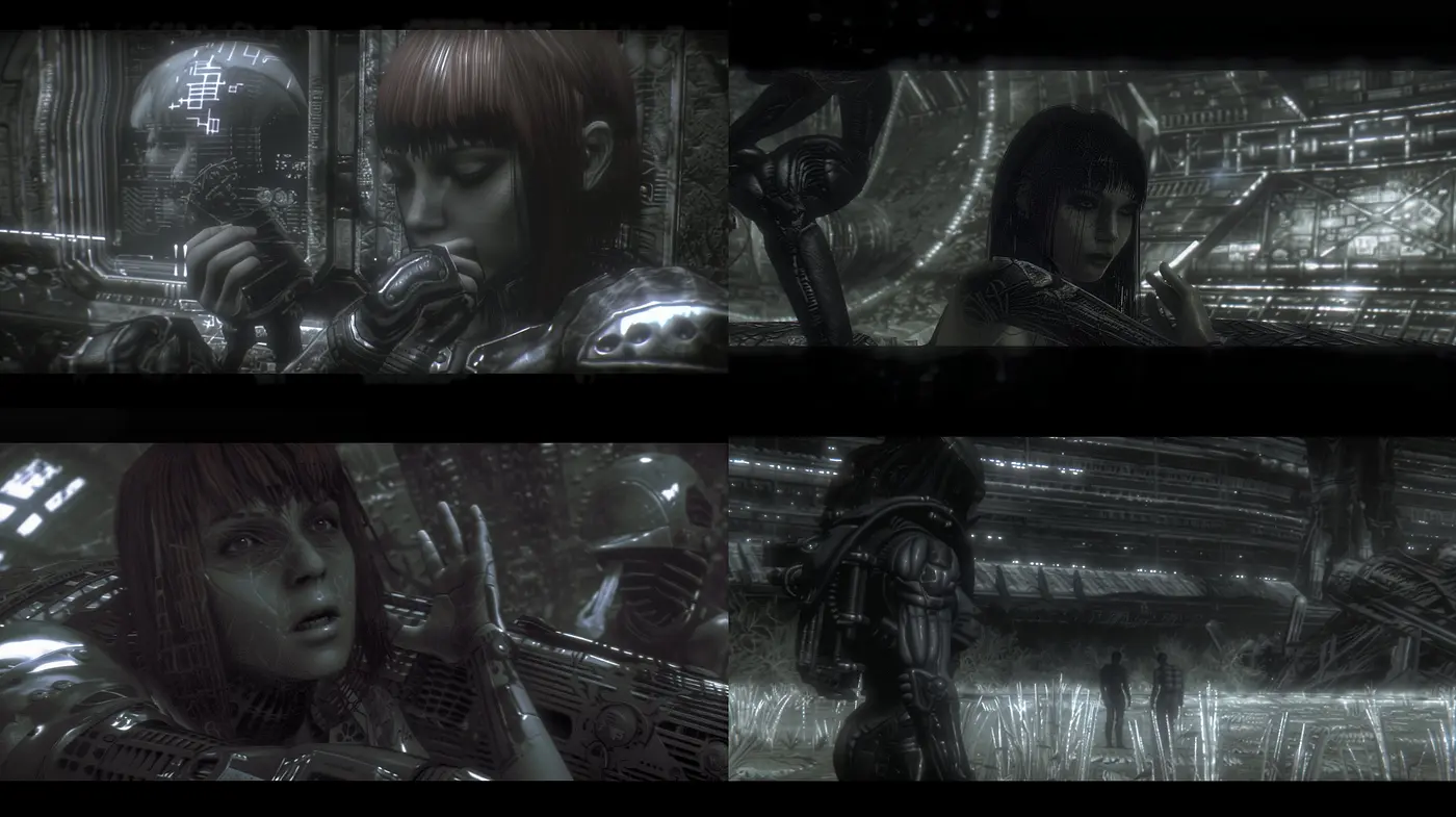 Monochromatic Futuristic Noir: an Exploration of Machine and Emotion in Stark Black and White - Midjourney sref style