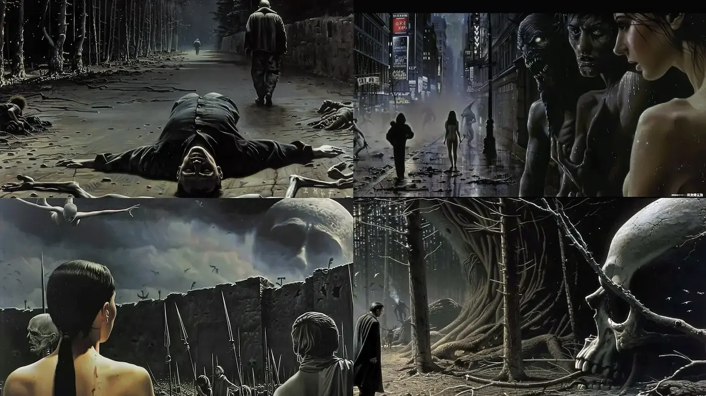 Dark, dystopian, and immersive atmospheric scenery with haunting characters - Midjourney sref style