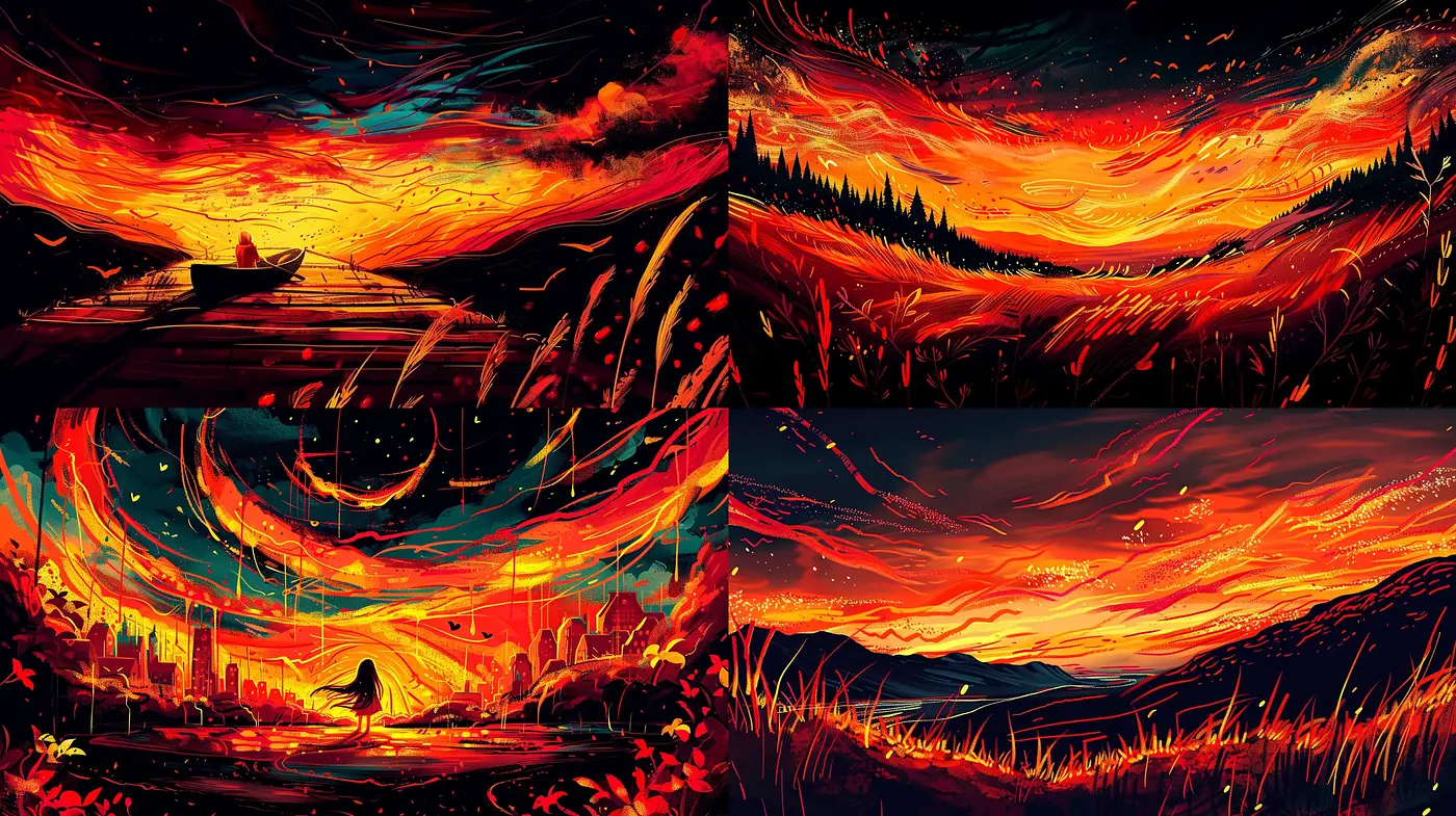 Fiery Twilight Panoramas: A Vivid Dance of Colors and Silhouettes - Midjourney sref style