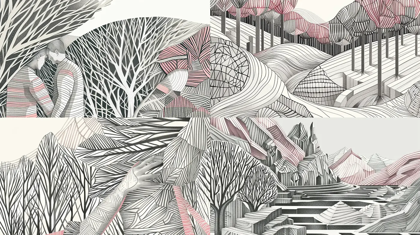 Whimsical Nature-Inspired Monochrome Landscape with Pastel Accents - Midjourney sref style