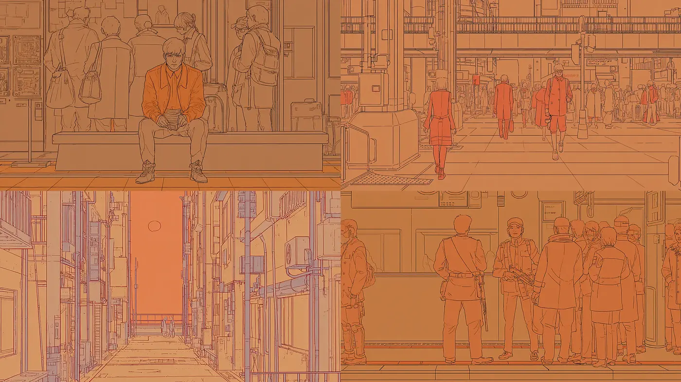 Urban scenes with a distinct illustrative style and emotional undertones - Midjourney sref style