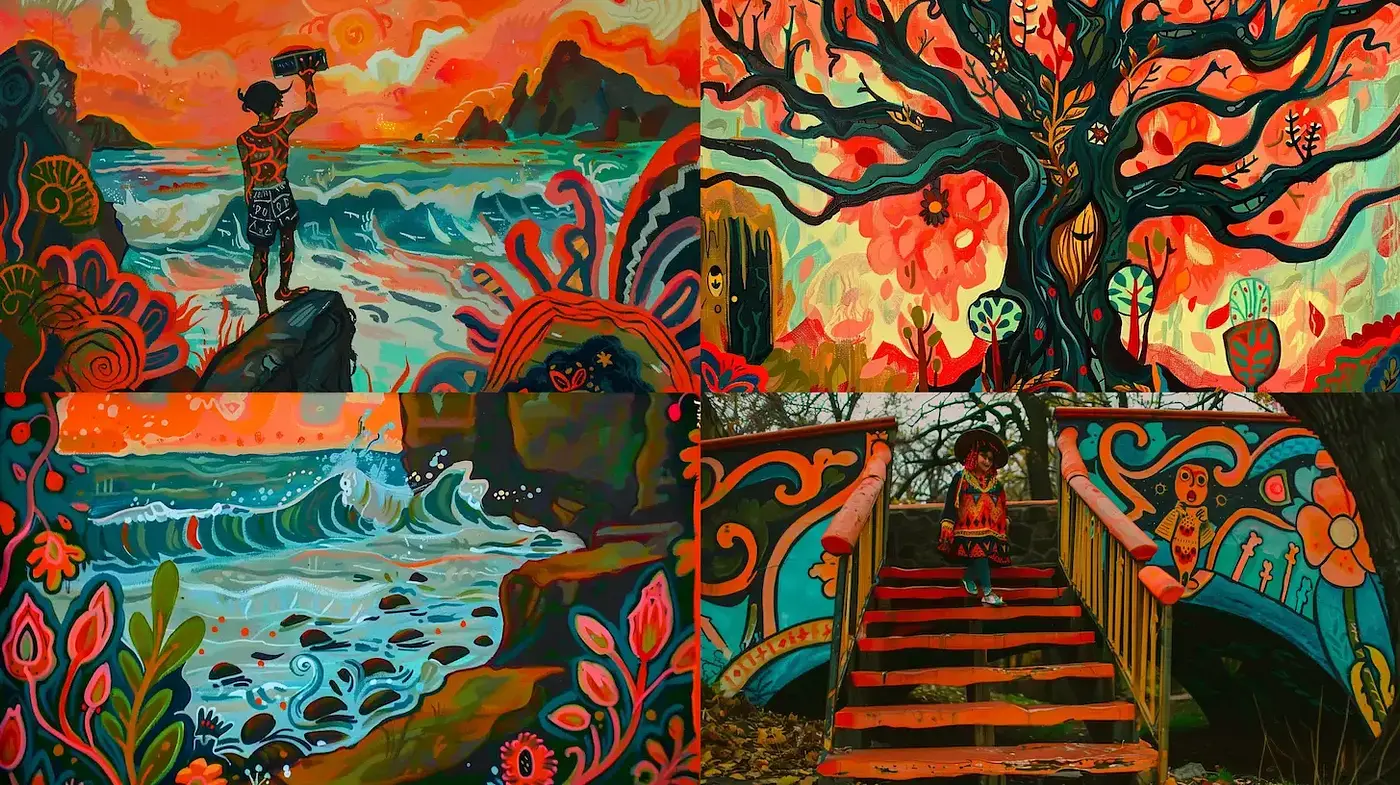 Eccentric Tapestry of Nature: A Vivid Fusion of Folk Art and Expressionism - Midjourney sref style