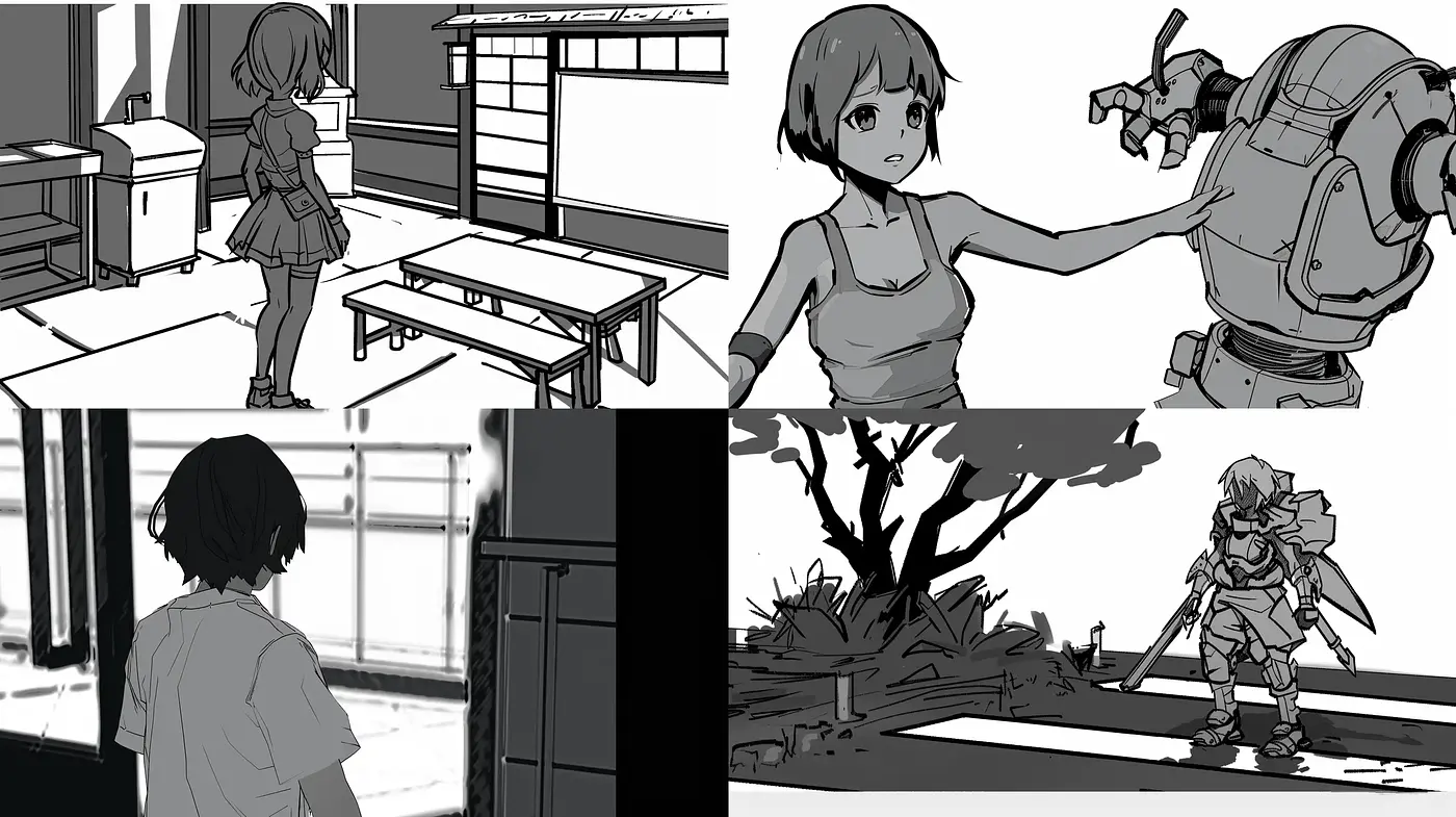 Monochromatic Manga Style Illustrations with Dynamic Storytelling - Midjourney sref style
