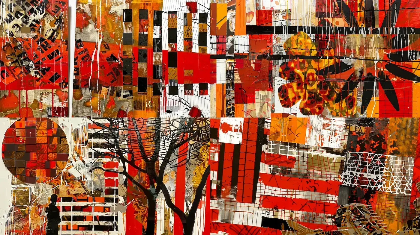 Dynamic and Textured Collage with Warm Tones - Midjourney sref style