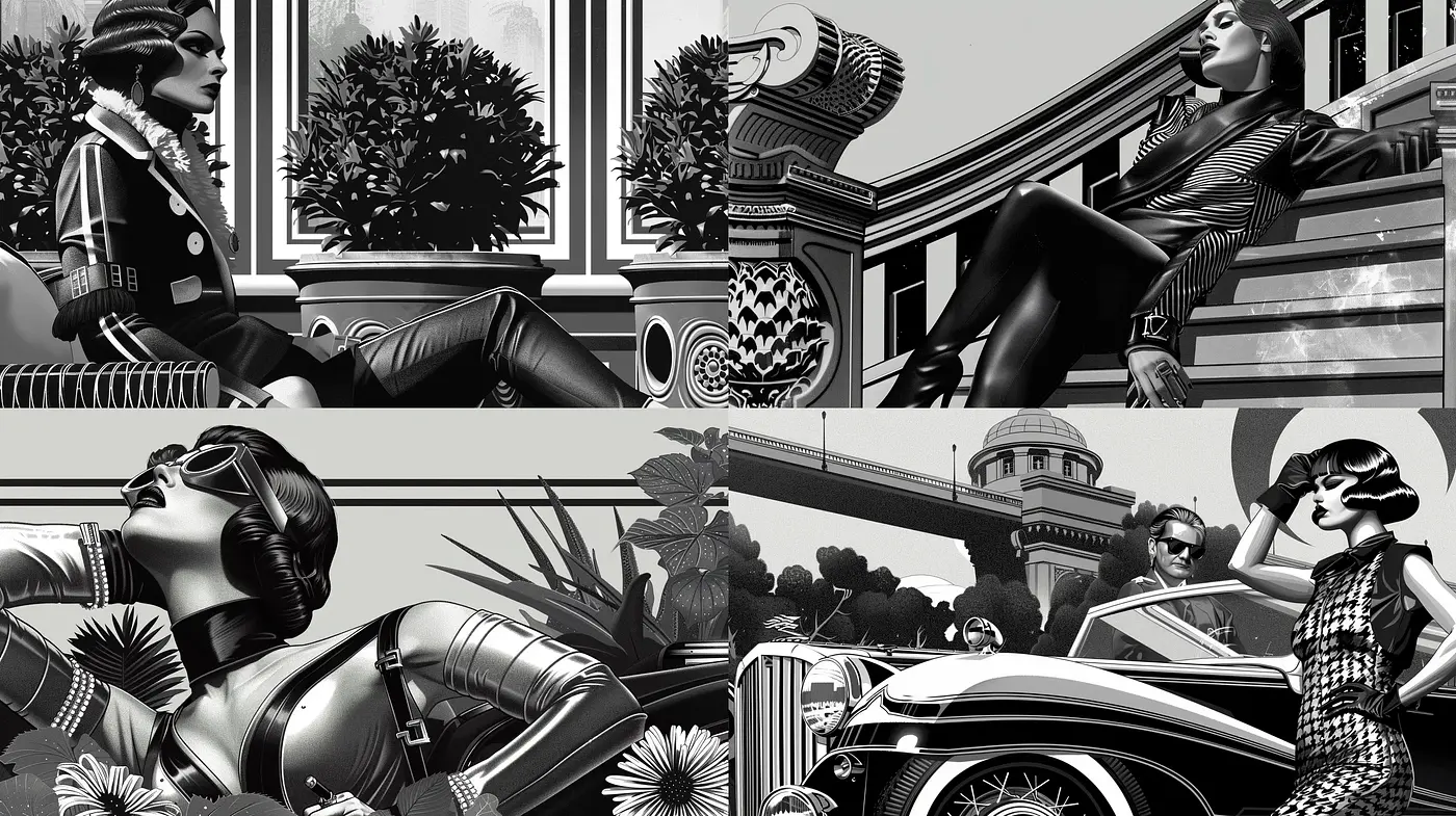 Monochromatic Deco Elegance with a Modern Twist - Midjourney sref style
