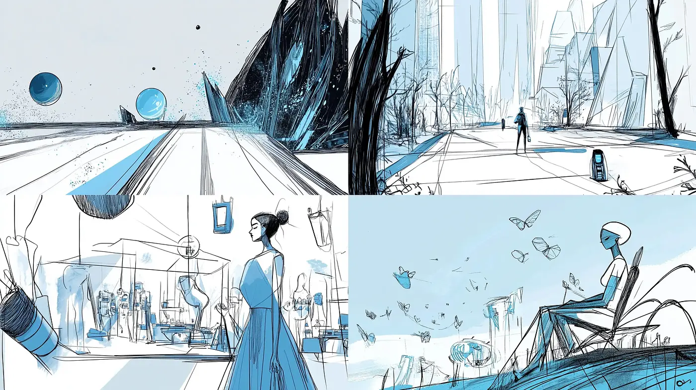 Futuristic Sketch-Style Panorama in Monochrome and Blue Shades - Midjourney sref style