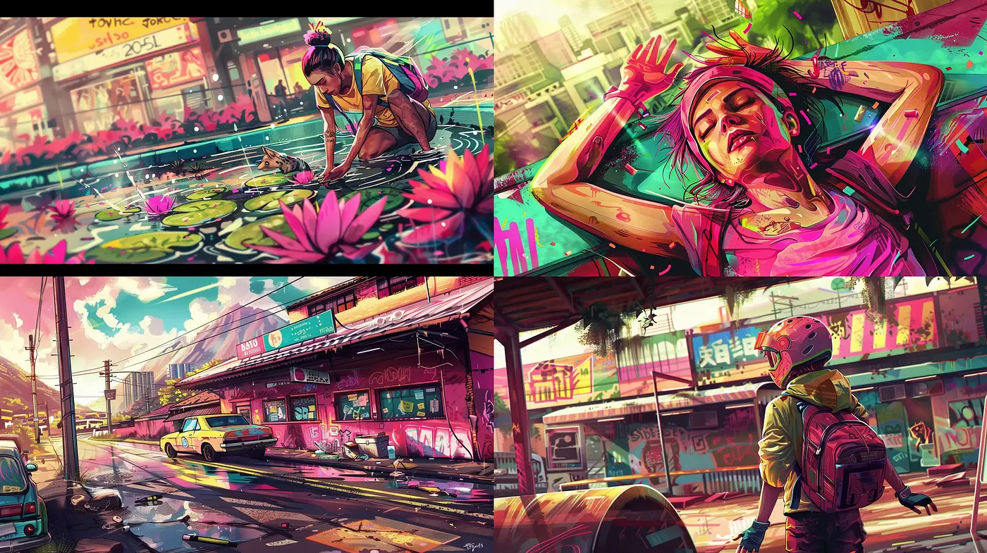 Vibrant Cyberpunk Tableaux with Expressive Urban Narratives - Midjourney sref style