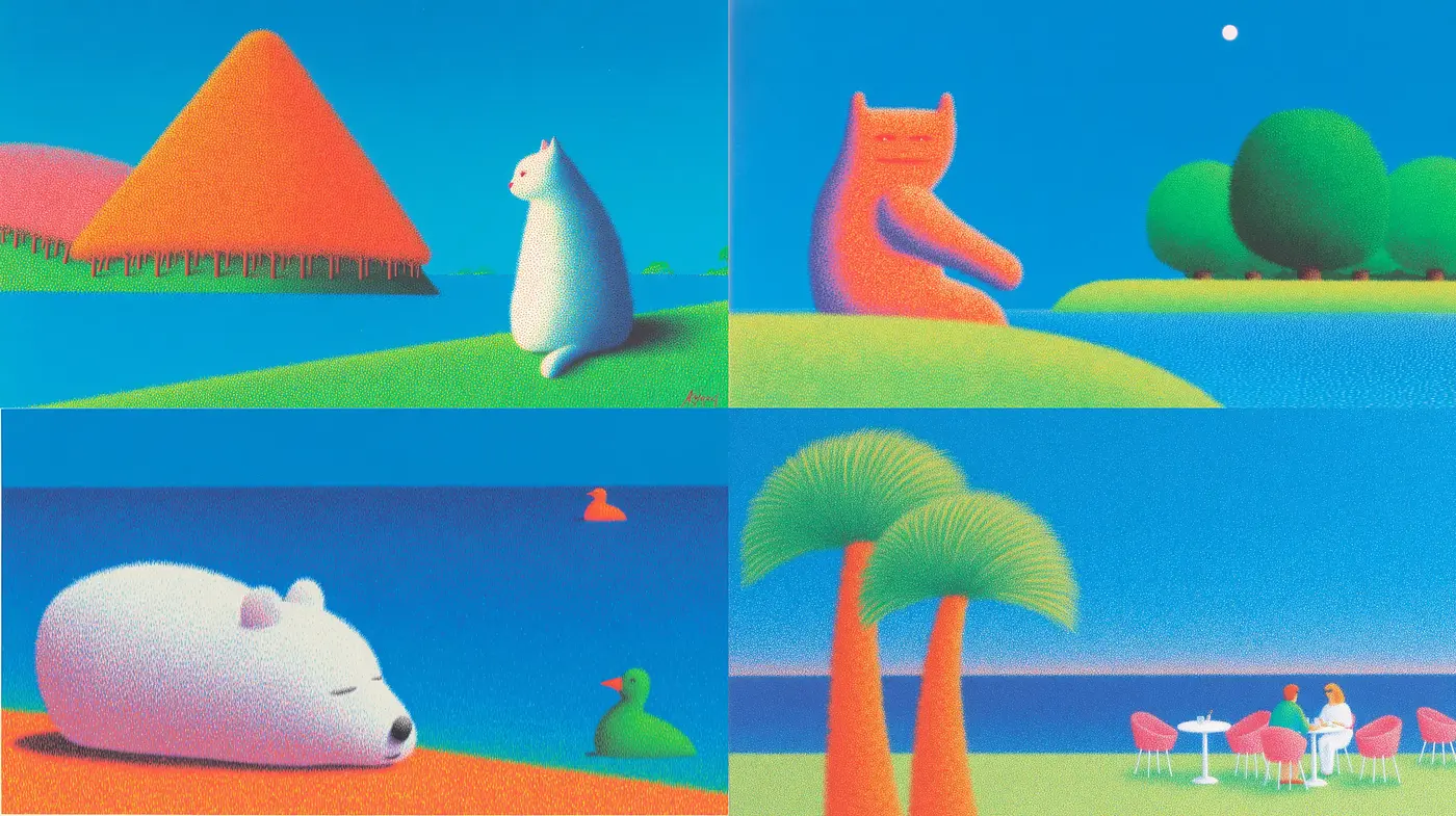 Vibrant and Whimsical Landscape Art with Playful Elements - Midjourney sref style