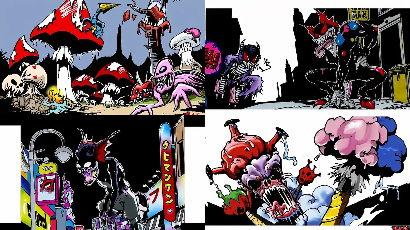 Vibrant, chaotic surrealism with a hint of cartoonish horror - Midjourney sref style