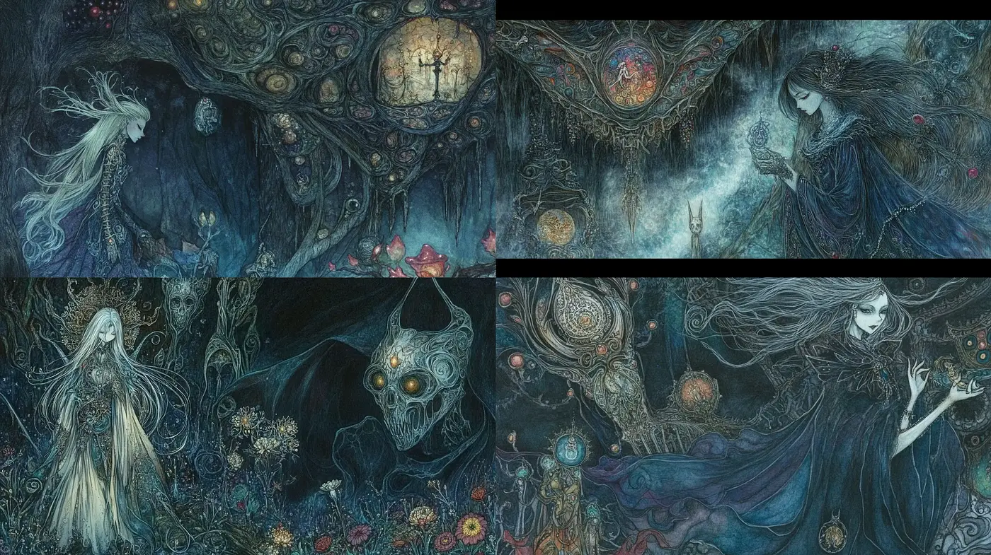 Ethereal Nocturnal Whispers: A Fusion of Fantasy and Dark Art - Midjourney sref style