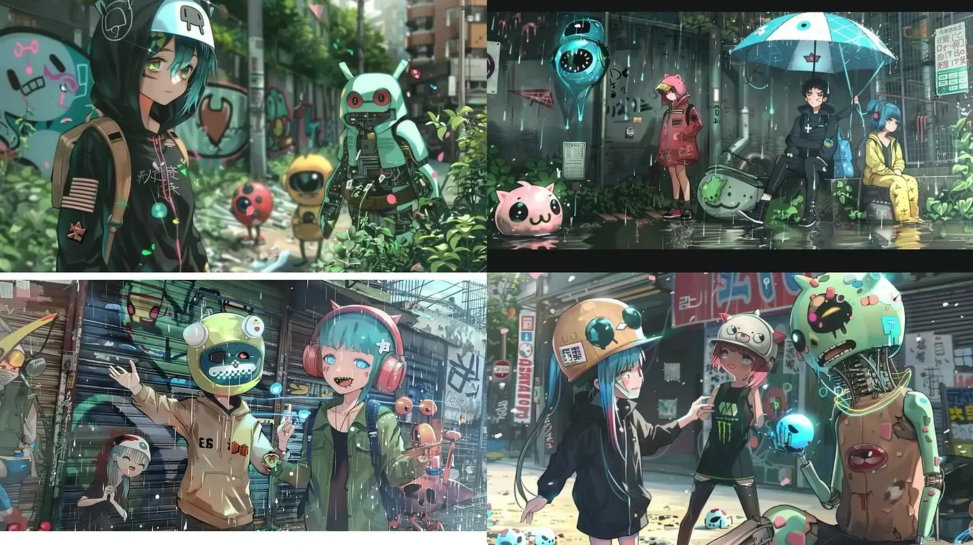 Urban Dreamscape: An Anime-Infused Vision with Eclectic Mascots - Midjourney sref style